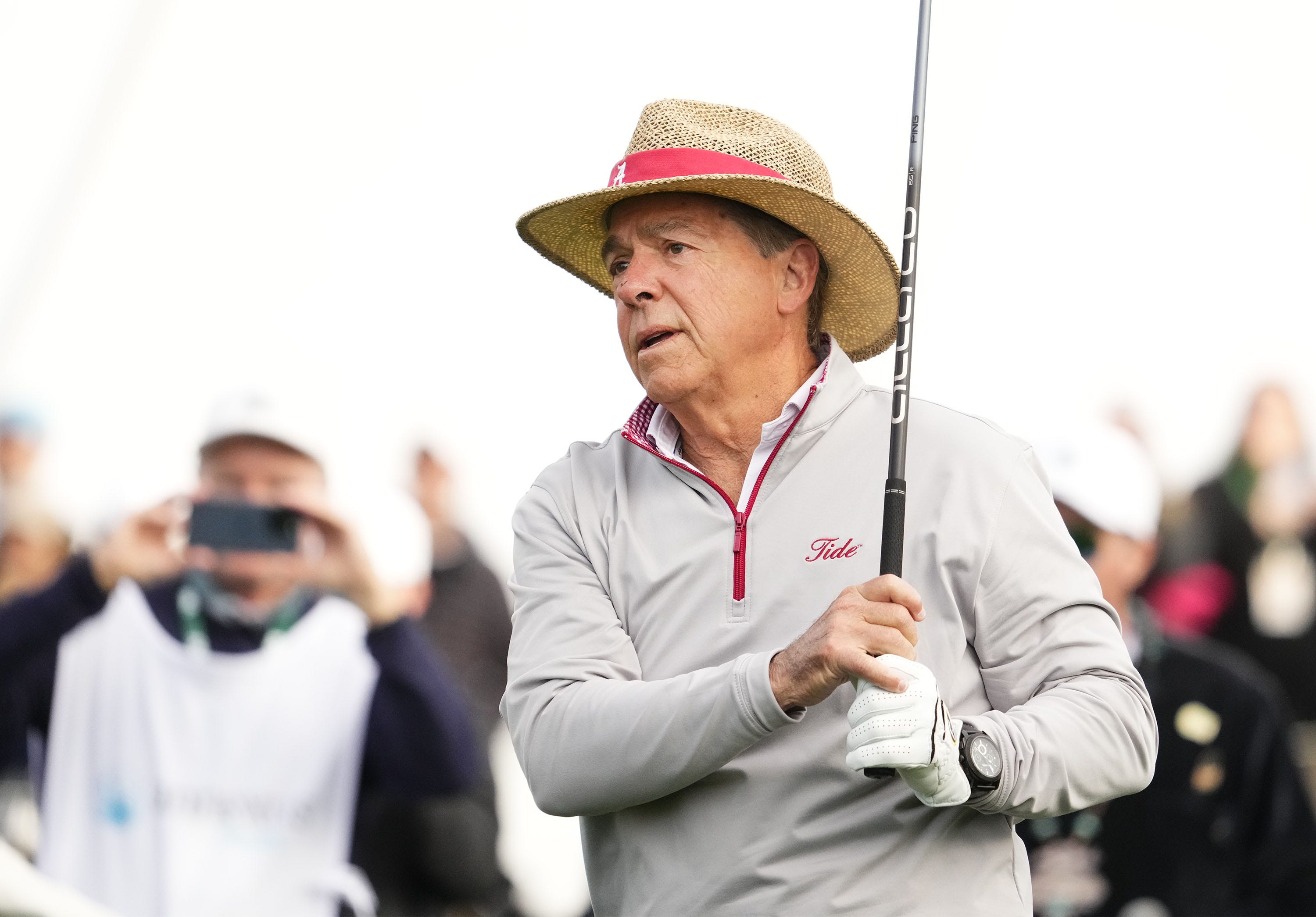 Nick Saban golfing on Feb. 7, 2024.